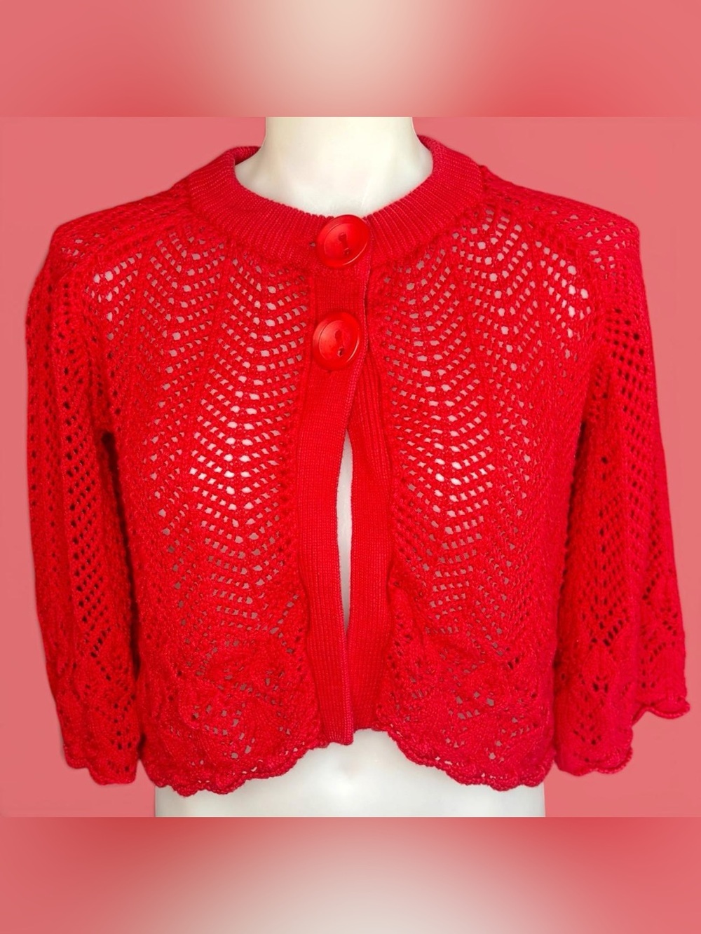 Red Crocheted Openwork Cropped Cardigan